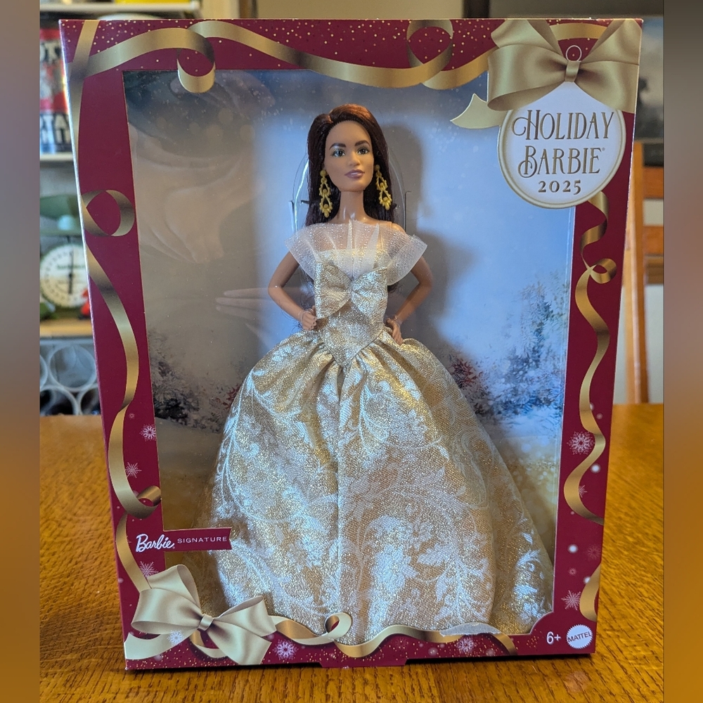 Mattel 2025 Holiday Barbie Doll- Brunette Hair with Gold Gown- New In Box